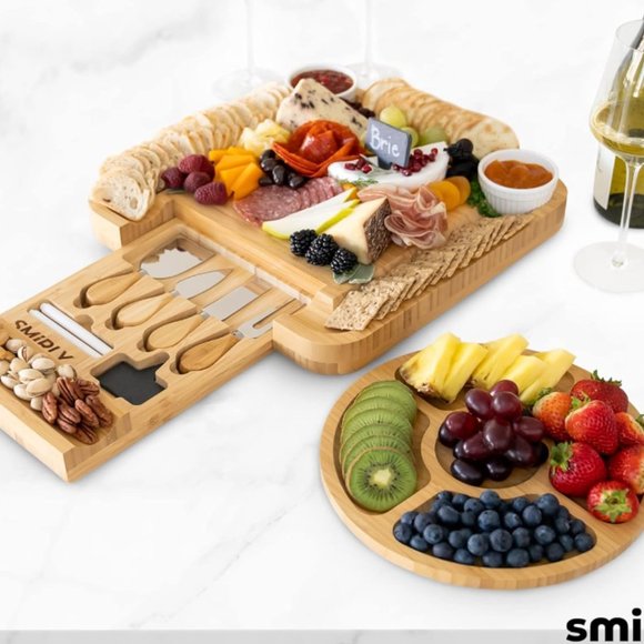 SMIRLY Charcuterie Boards Gift Set Large Bamboo Cheese Board Set & Utensils New - Picture 8 of 8
